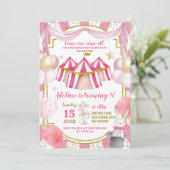 Roze en Gold Carousel Girl Birthday Invitation Kaart (Staand voorkant)