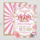 Roze en Gold Carousel Girl Birthday Invitation Kaart (Voorkant / Achterkant)