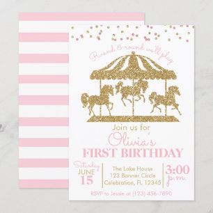 Roze en Gold Carousel Girls Birthday Invitation Kaart