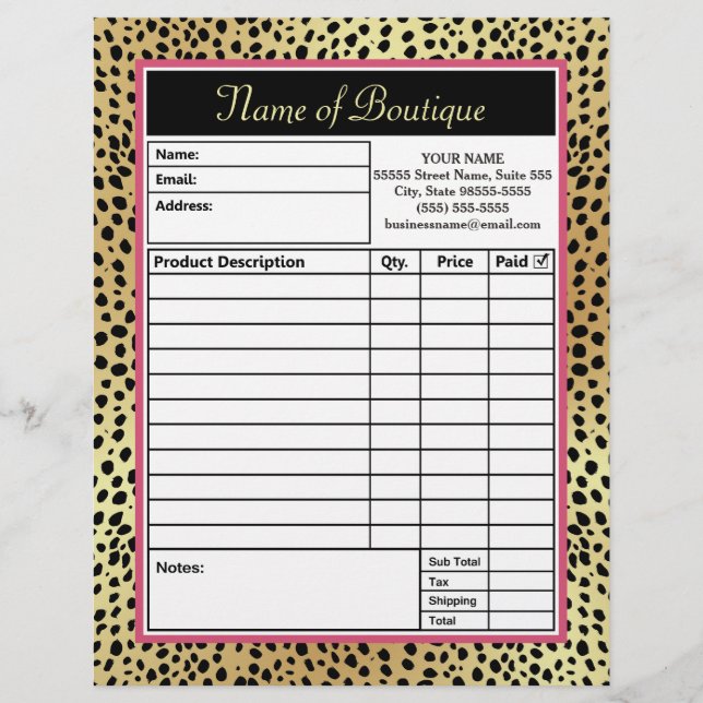 Roze en Gold Cheetah Print Boutique Order Forms (Voorkant)