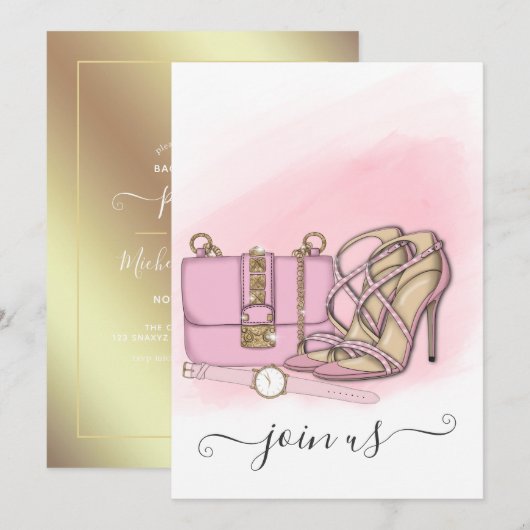 Roze en Gold Chic Bachelorette Party Invitation Kaart (Voorkant / Achterkant)