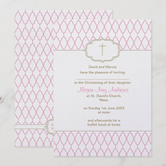 Roze en Gold Christening Baptism Uitnodiging (Voorkant / Achterkant)