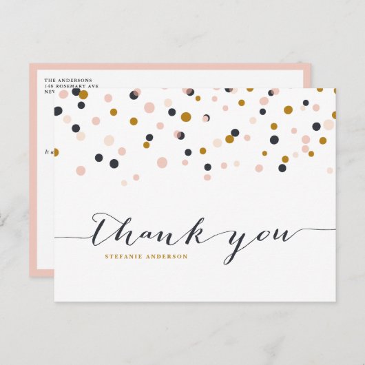 Roze en Gold Confetti Stippen Dank u Briefkaart (Voorkant / Achterkant)