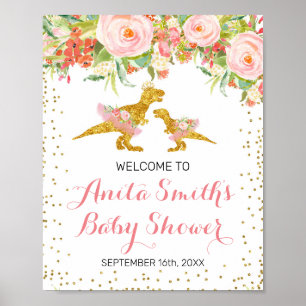 Roze en Gold Dino-baby shower, welkomstteken Poster