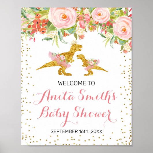 Roze en Gold Dino-baby shower, welkomstteken Poster (Voorkant)