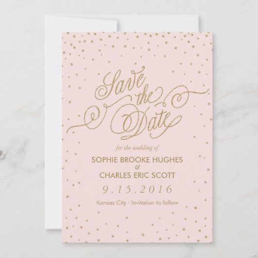 Roze en Gold Fancy sterren Sla de datum op Save The Date (Voorkant)