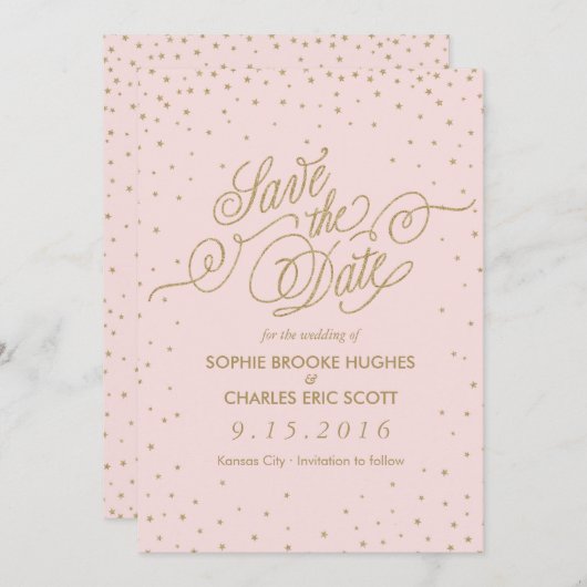 Roze en Gold Fancy sterren Sla de datum op Save The Date (Voorkant / Achterkant)