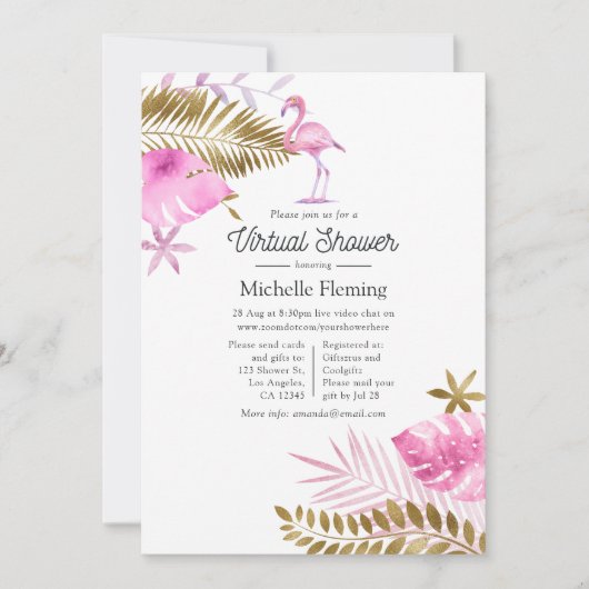 Roze en Gold Flamingo Virtual Baby shower Kaart (Voorkant)