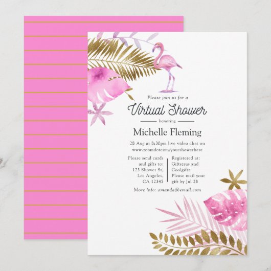 Roze en Gold Flamingo Virtual Baby shower Kaart (Voorkant / Achterkant)