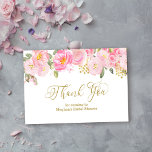 Roze en Gold Floral Gold Calligrafie Hartelijk dan Informatiekaartje<br><div class="desc">Bedankt voor je vrijgezellenfeest of andere gelegenheid.  bloemontwerp met waterverf blozen en gouden bloem en elegant goud,  zware kalligrafie. U kunt de resterende tekst voor uw eigen speciale gelegenheid personaliseren en de doopvontkleuren uitgeven zoals u wenst.</div>