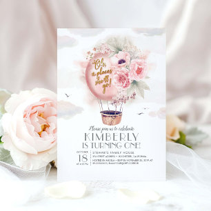 Roze en Gold Floral Hot Air ballon, 1e verjaardag Kaart