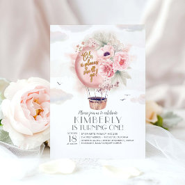 Roze en Gold Floral Hot Air ballon, 1e verjaardag Kaart