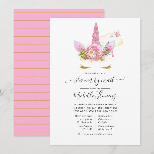Roze en Gold Floral Unicorn Baby shower per post Kaart (Voorkant / Achterkant)