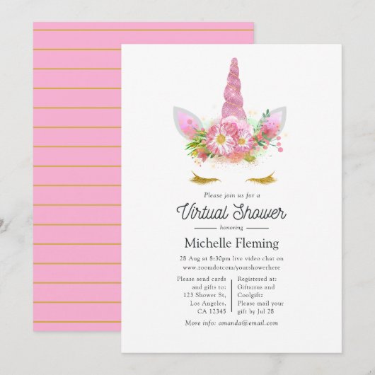 Roze en Gold Floral Unicorn Virtual Baby shower Kaart (Voorkant / Achterkant)