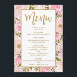Roze en Gold Floral Wedding Menu Sjabloon Card<br><div class="desc">FEMININE PINK & GOLD WEDDING MENU CARDFitering glans roze waterverf bloemen en bijtende groene bladeren</div>