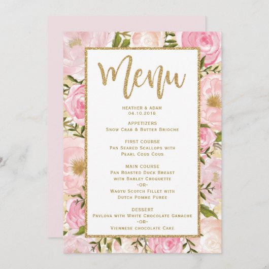 Roze en Gold Floral Wedding Menu Sjabloon Card (Voorkant / Achterkant)