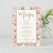 Roze en Gold Floral Wedding Menu Sjabloon Card (Staand voorkant)