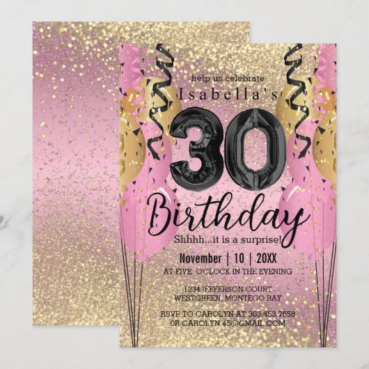 Roze en Gold Glitter 30th Birthday Kaart (Voorkant / Achterkant)