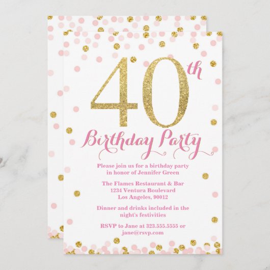 Roze en Gold Glitter 40e verjaardag Kaart (Voorkant / Achterkant)