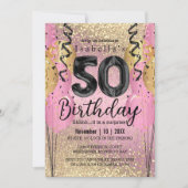 Roze en Gold Glitter 50th Birthday Invitation Kaart (Voorkant)