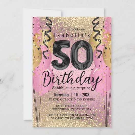 Roze en Gold Glitter 50th Birthday Invitation Kaart (Voorkant)