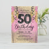 Roze en Gold Glitter 50th Birthday Invitation Kaart (Staand voorkant)