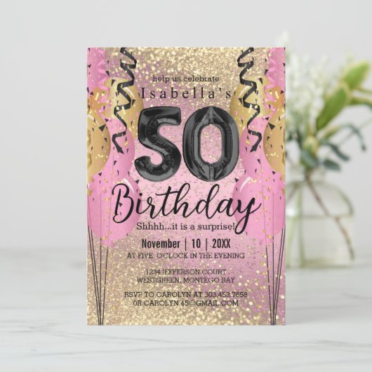 Roze en Gold Glitter 50th Birthday Invitation Kaart (Staand voorkant)