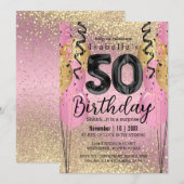 Roze en Gold Glitter 50th Birthday Invitation Kaart (Voorkant / Achterkant)