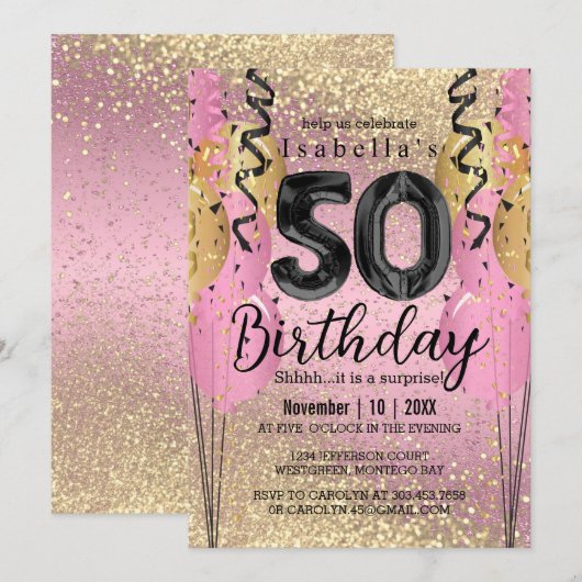 Roze en Gold Glitter 50th Birthday Invitation Kaart (Voorkant / Achterkant)