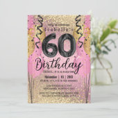 Roze en Gold Glitter 60th Birthday Kaart (Staand voorkant)