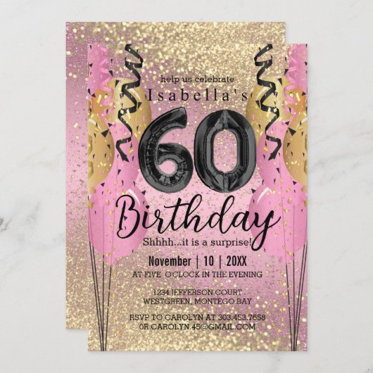 Roze en Gold Glitter 60th Birthday Kaart (Voorkant / Achterkant)