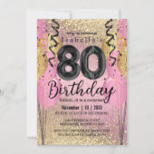 Roze en Gold Glitter 80th Birthday Invitation Kaart (Voorkant)