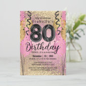 Roze en Gold Glitter 80th Birthday Invitation Kaart (Staand voorkant)
