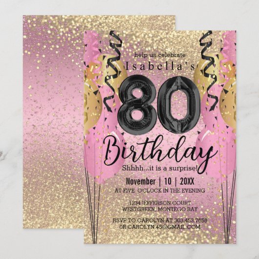Roze en Gold Glitter 80th Birthday Invitation Kaart (Voorkant / Achterkant)