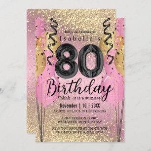 Roze en Gold Glitter 80th Birthday Invitation Kaart