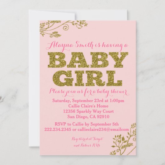 Roze en Gold Glitter Baby Girl Shower Kaart (Voorkant)
