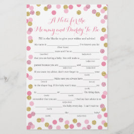 Roze en Gold Glitter Baby shower Advice Game Kaart