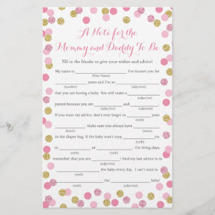 Roze en Gold Glitter Baby shower Advice Game Kaart