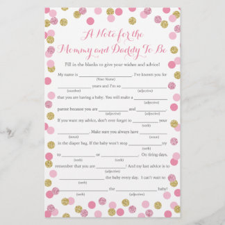 Roze en Gold Glitter Baby shower Advice Game Kaart