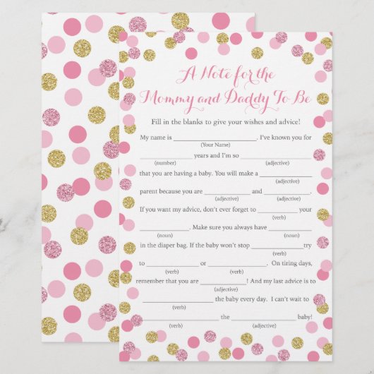 Roze en Gold Glitter Baby shower Advice Game Kaart (Voorkant / Achterkant)