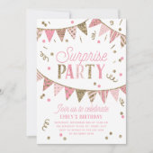 Roze en Gold Glitter Banner Surprise Party Kaart (Voorkant)