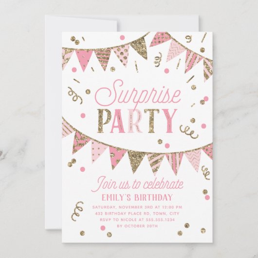 Roze en Gold Glitter Banner Surprise Party Kaart (Voorkant)