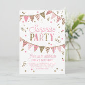Roze en Gold Glitter Banner Surprise Party Kaart (Staand voorkant)