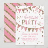 Roze en Gold Glitter Banner Surprise Party Kaart (Voorkant / Achterkant)