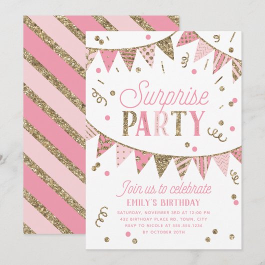Roze en Gold Glitter Banner Surprise Party Kaart (Voorkant / Achterkant)