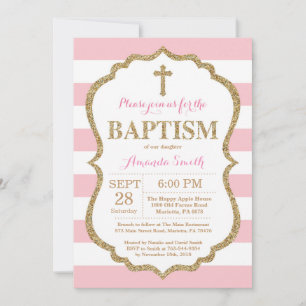 Roze en Gold Glitter Baptism Invitation Kaart