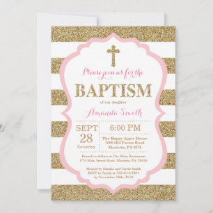 Roze en Gold Glitter Baptism Invitation Kaart