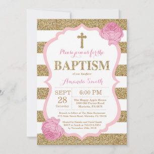 Roze en Gold Glitter Baptism Invitation Kaart