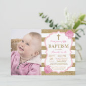 Roze en Gold Glitter Baptism Invitation Kaart (Staand voorkant)