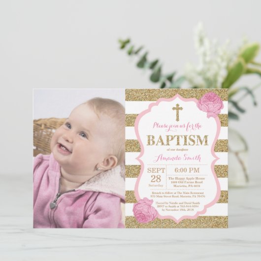Roze en Gold Glitter Baptism Invitation Kaart (Staand voorkant)